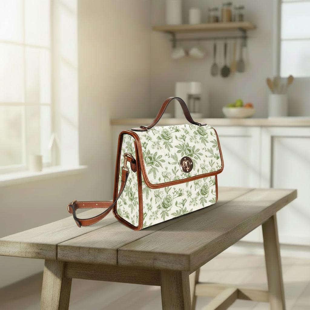 Toile de Jouy Canvas Crossbody Bag – Vintage Eggshell Green Floral Handbag