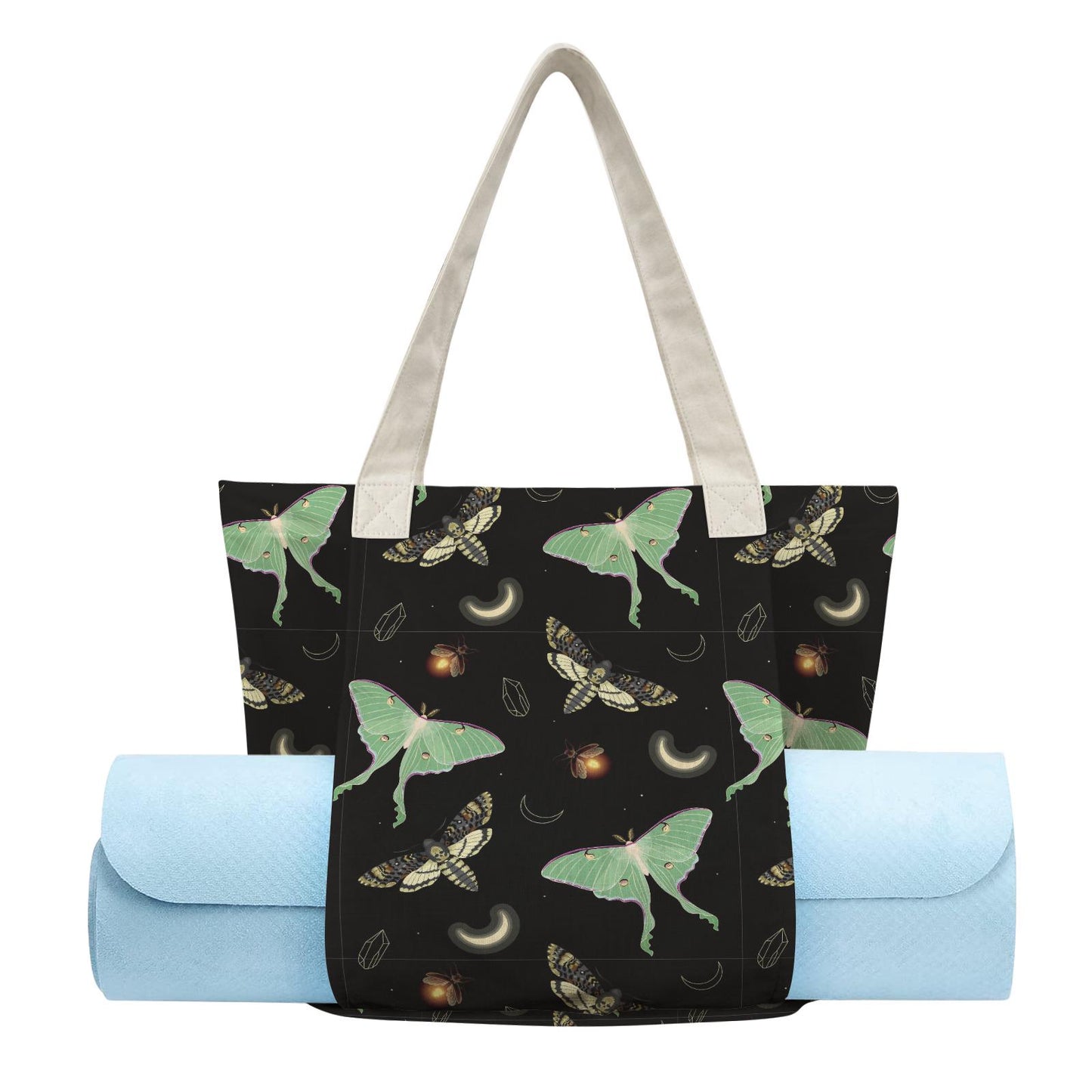 Dark Academia Moths & Moon Yoga Tote Bag – Large Cotton Linen Tote with Mat Holder