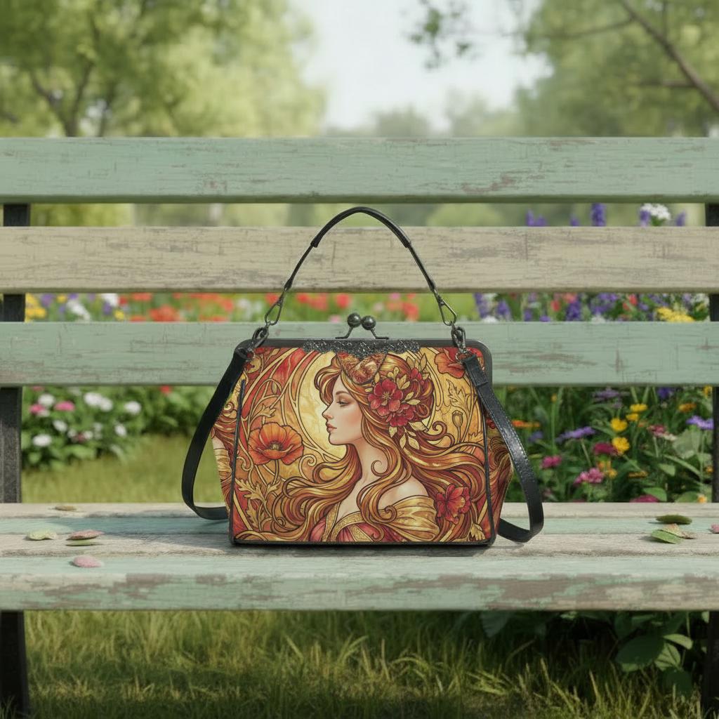 Art Nouveau Style Kisslock Crossbody Handbag - Vintage Romantic Bag