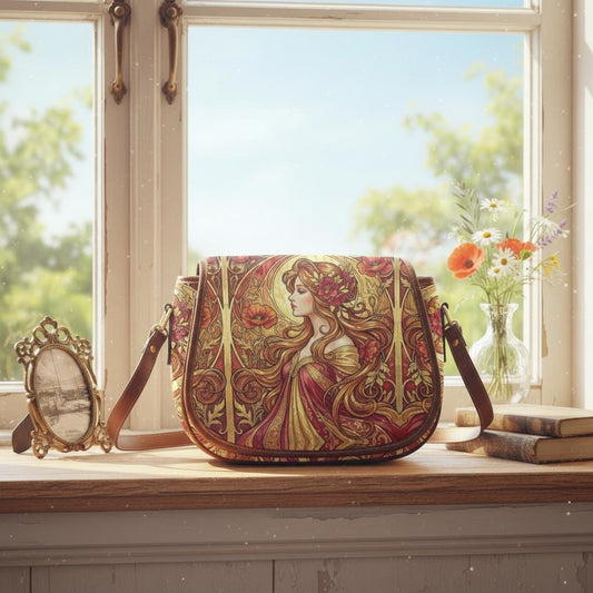 Art Nouveau Floral Saddle Bag, Romantic Crossbody or Shoulder Handbag