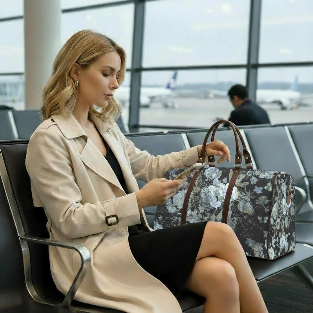 Dark Academia Black Gray Floral Travel Bag – Waterproof Grunge Weekender Duffle