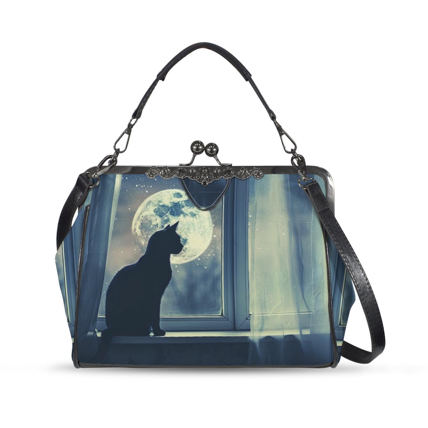 Black Cat Moon Dark Academia Kisslock Bag – Gothic Night Crossbody Handbag