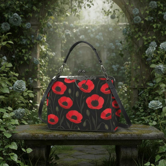 Black Red Poppies Dark Academia Kisslock Handbag – Vintage Gothic Crossbody Bag
