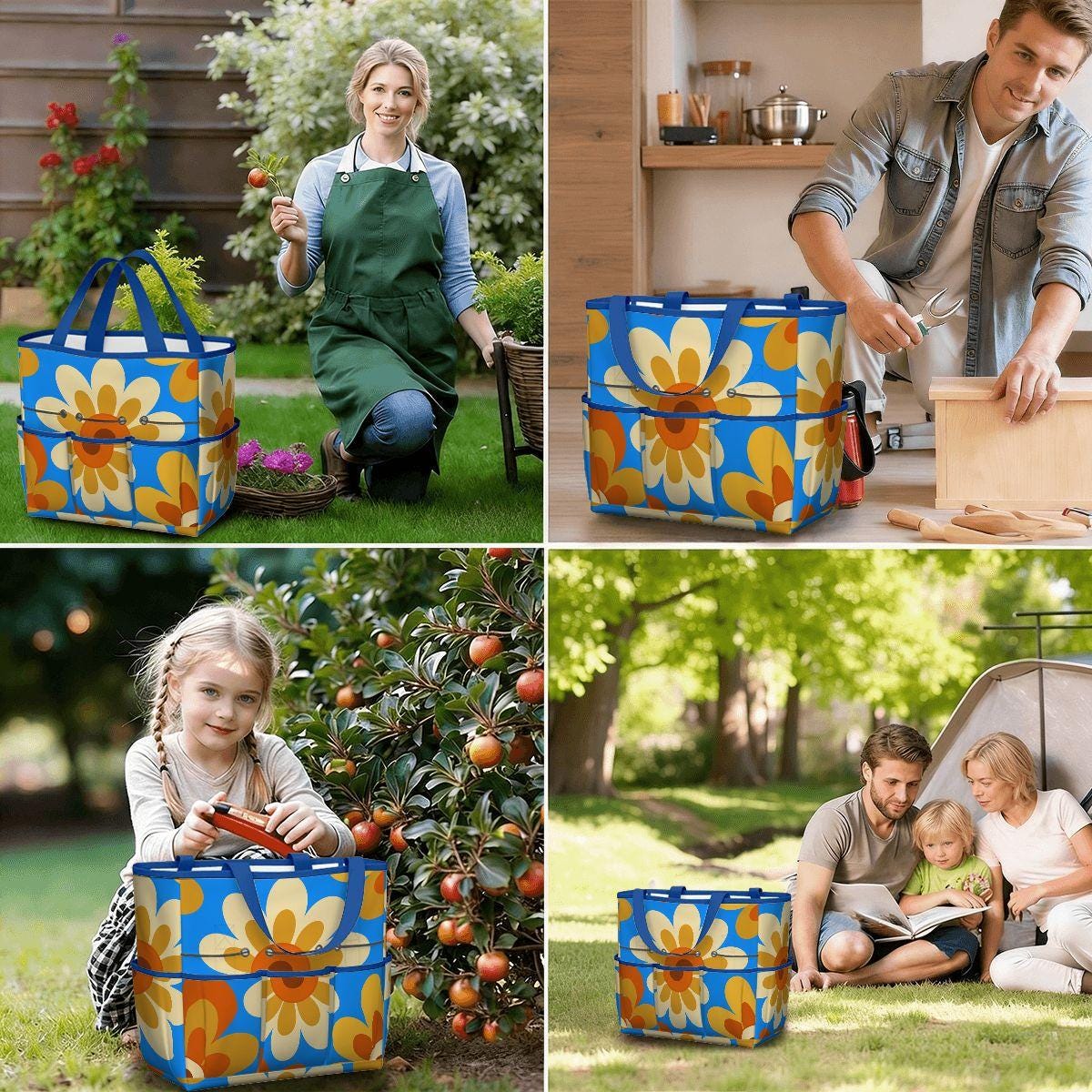 Retro 70s Gardening Tool Organizer Bag – Bold Blue Orange Flower Power Tote