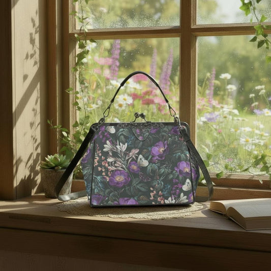 Dark Academia Night Flowers Kisslock Crossbody Bag – Gothic Cottagecore Handbag