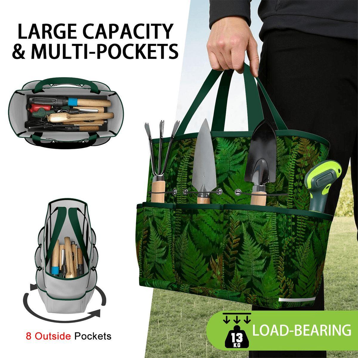 Dark Green Fern Forest Garden Tote – Gardening Tool Organizer Bag With Pockets