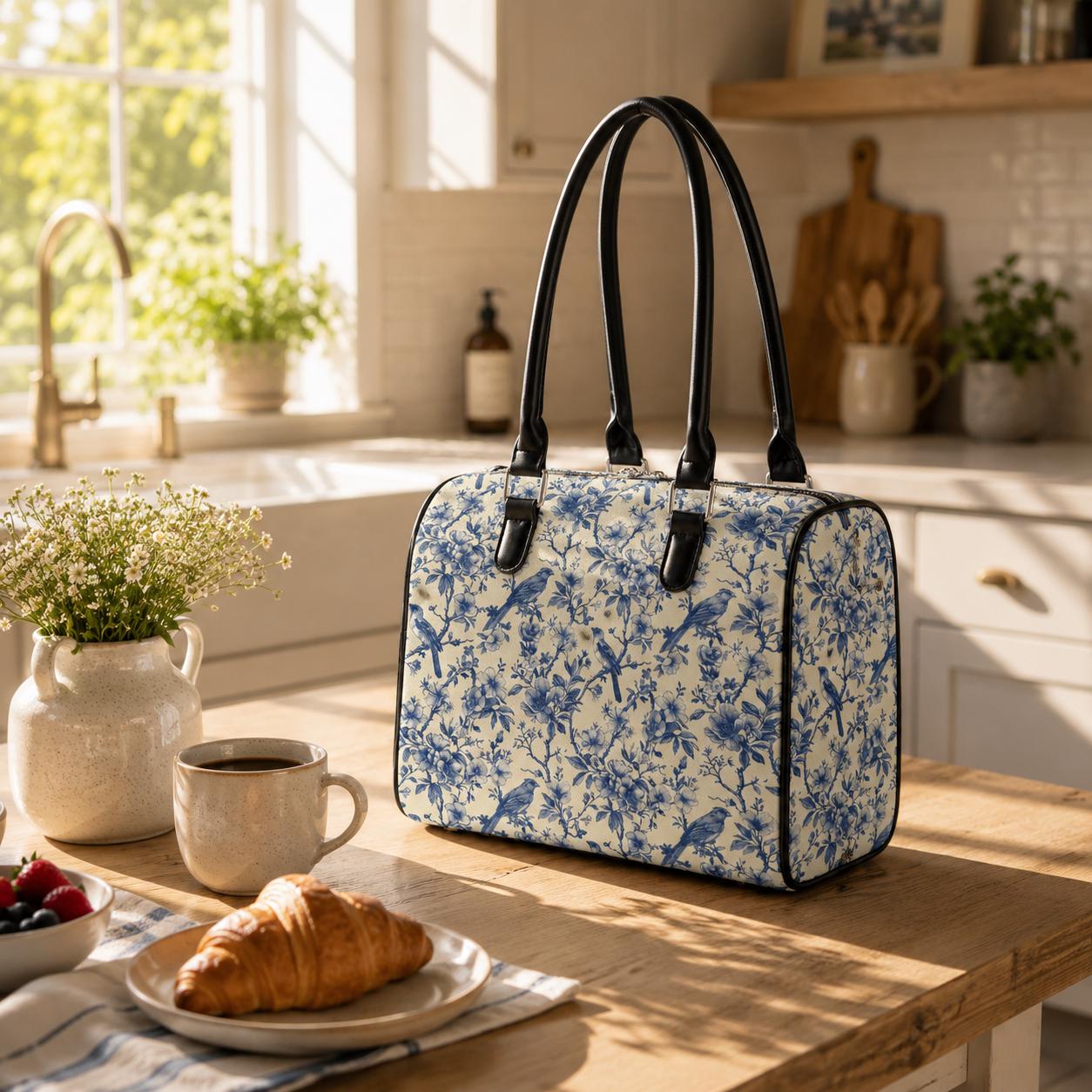 Toile de Jouy Top Handle Shoulder Bag – Blue White French Vintage Handbag