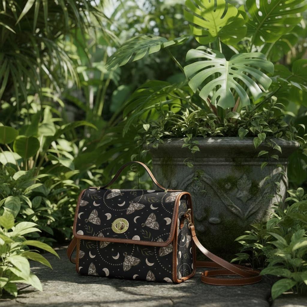 Dark Academia Moths & Moon Stars Canvas Crossbody Bag – Gothic Vintage Handbag