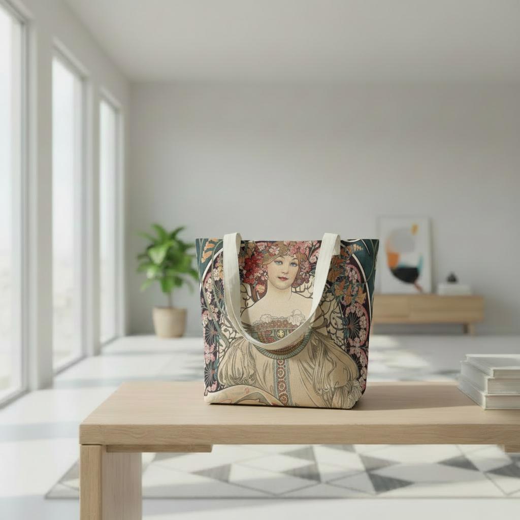 Art Nouveau Yoga Tote Bag with Mat Holder – Large Cotton Linen Fitness Shoulder Tote