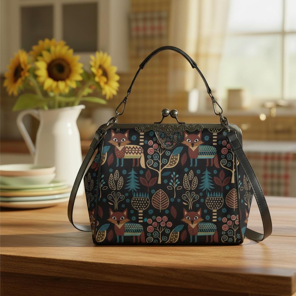 Retro Folkloric Kisslock Crossbody Purse – Nordic Scandi Forest Look