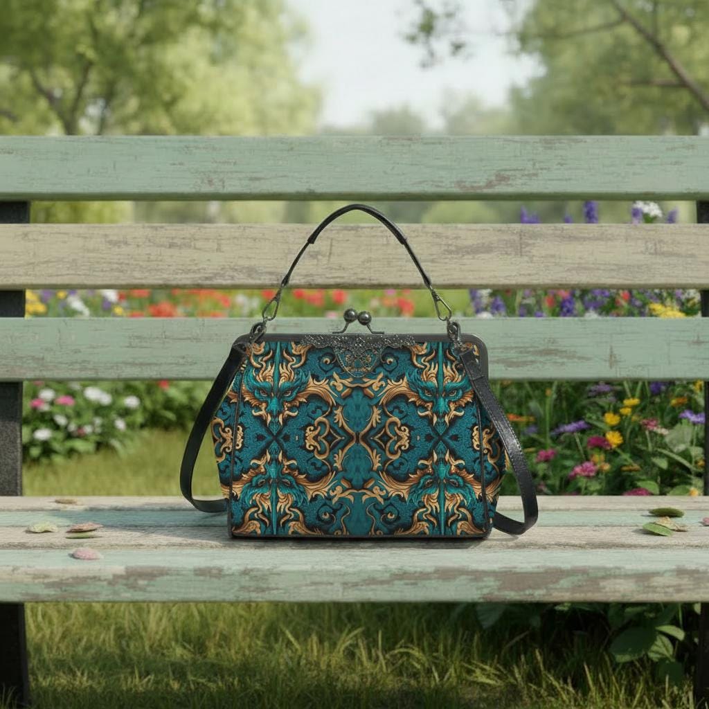 Petrol Gold Vintage Dragon Kisslock Crossbody Handbag
