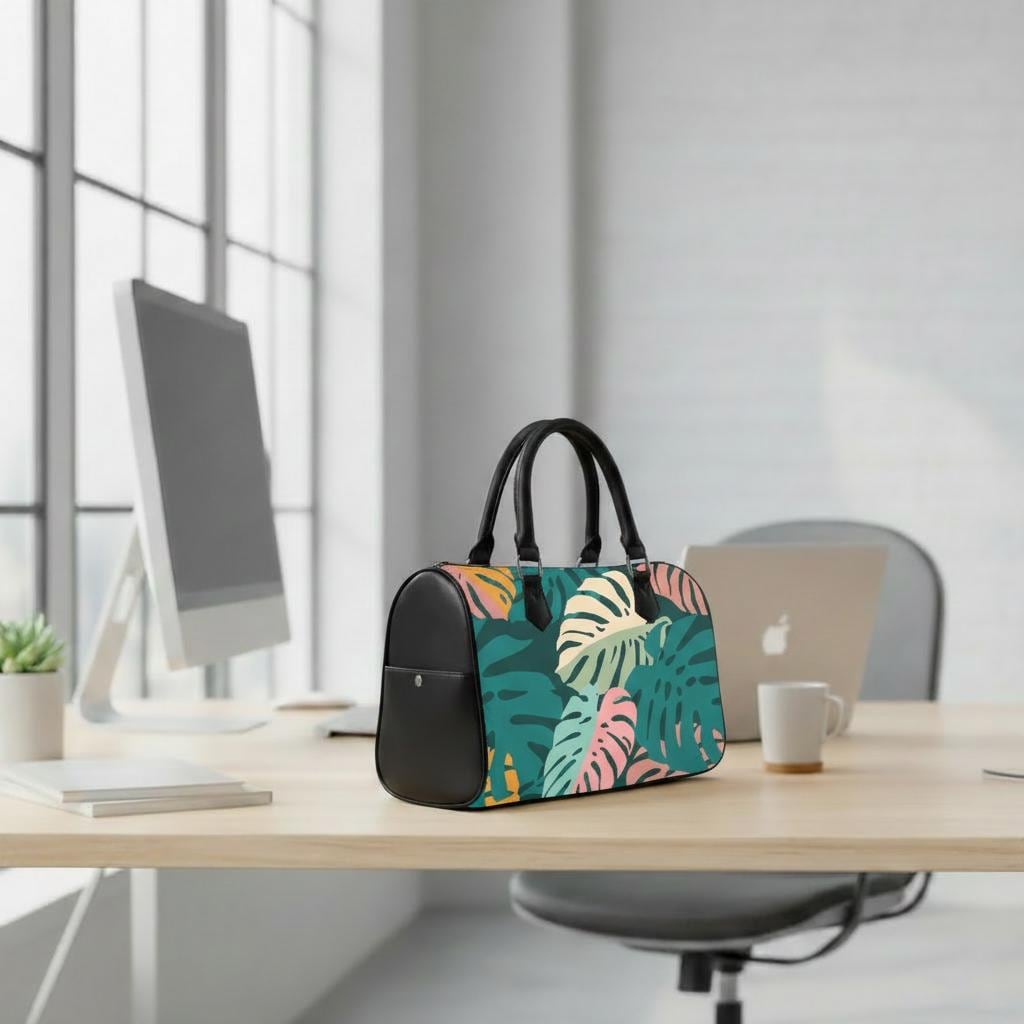 Retro Monstera Print Barrel Handbag – Black Green Pink Everyday Purse