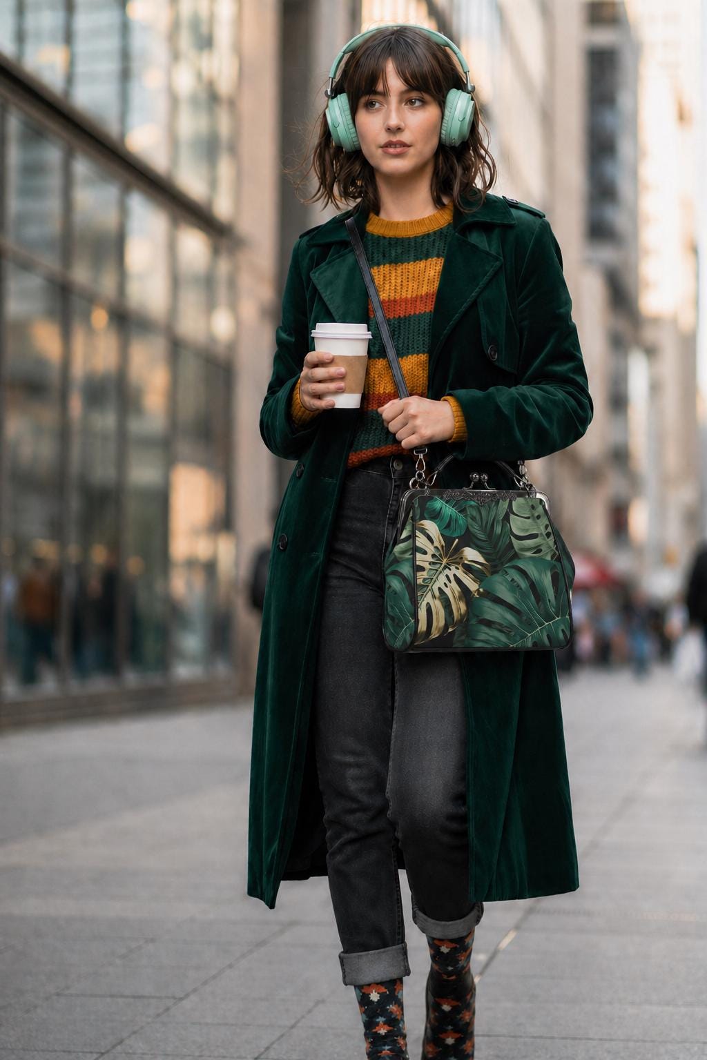 Retro Green Gold Monstera Leaf Handbag - Botanical Kisslock Crossbody Shoulder Bag