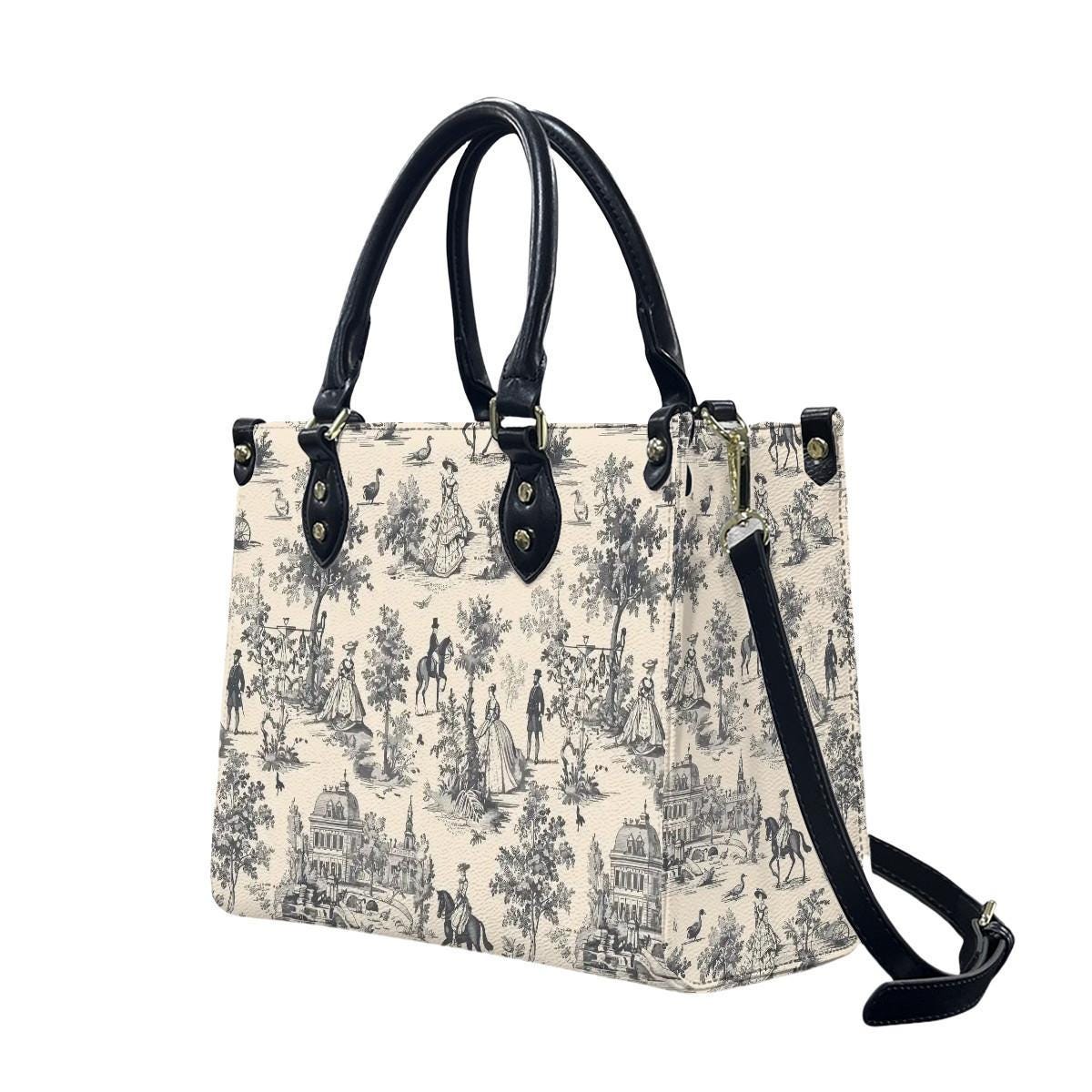 Toile de Jouy Handbag in 3 Sizes - Black White French Vintage Shoulder Bag