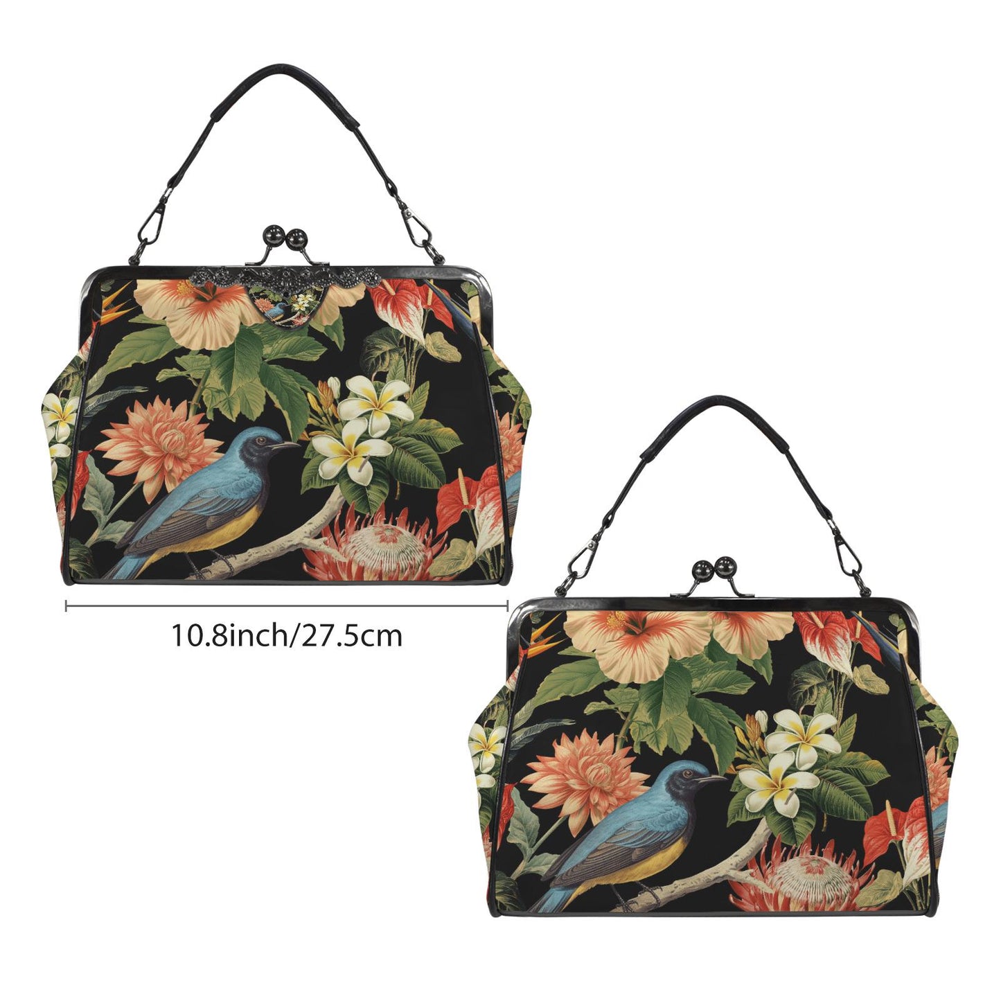 Bold Exotic Flowers & Bird Kisslock Crossbody Shoulder Bag - Dark Academia Handbag
