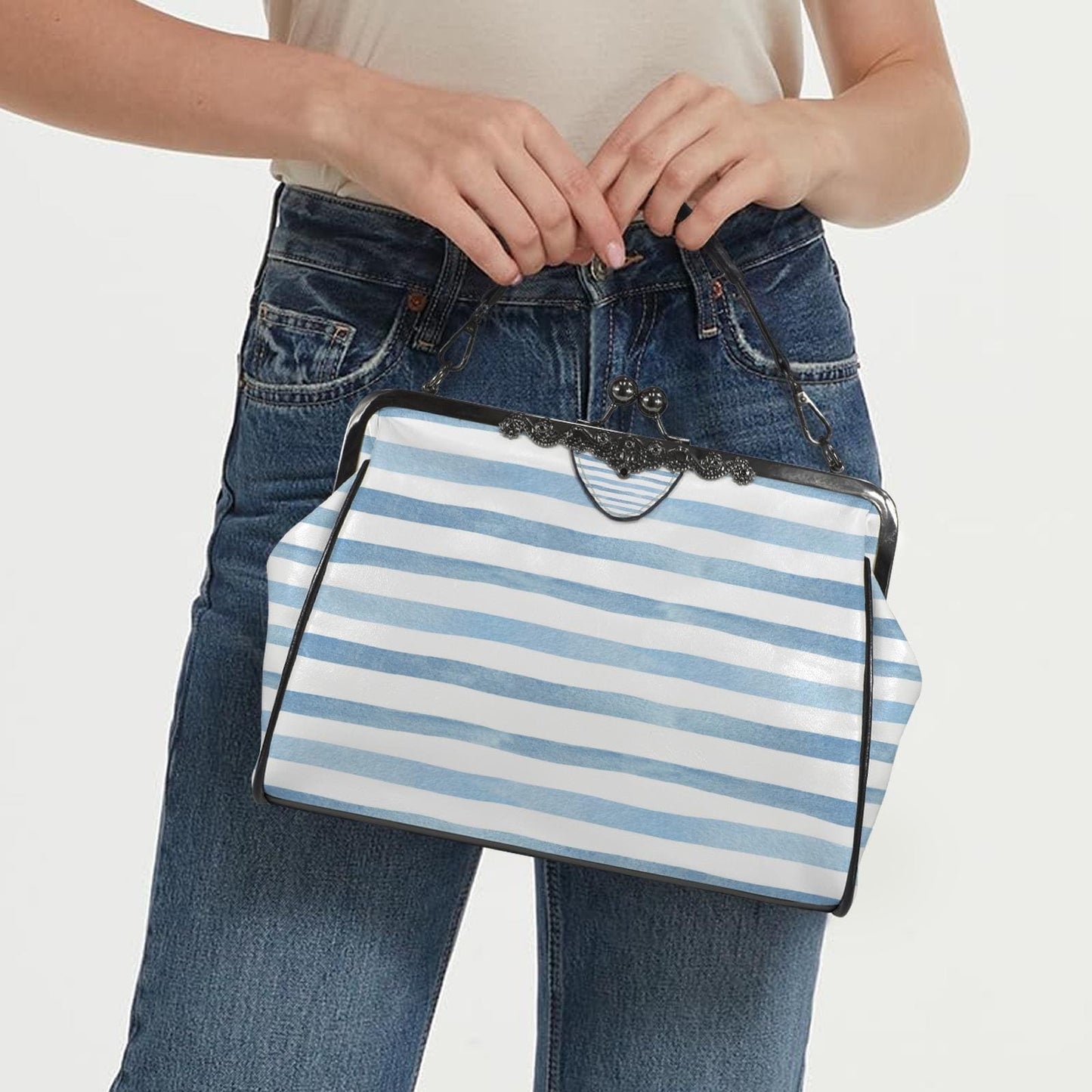 Blue White Striped Kisslock Crossbody Shoulder Bag - Vintage Nautical Summer Handbag